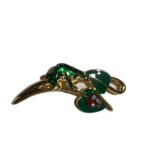 Vintage Gold Tone Green Enamel Bug Insect Ladybug Leaves Brooch Pin